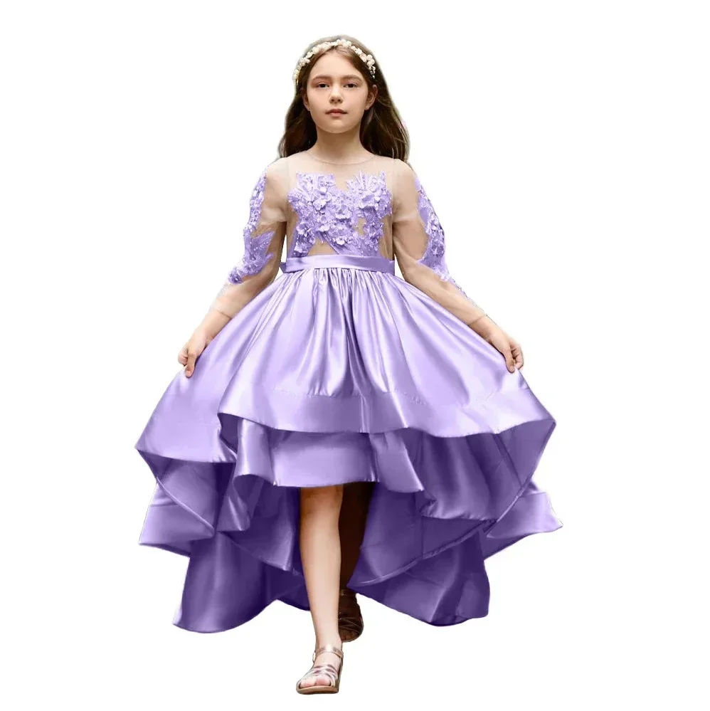 

Wedding Flower Girl Dresses With Bow Lace Appliqued Princess Pageant Dress Tiered Ruffles High Low First Holy Communion Gowns