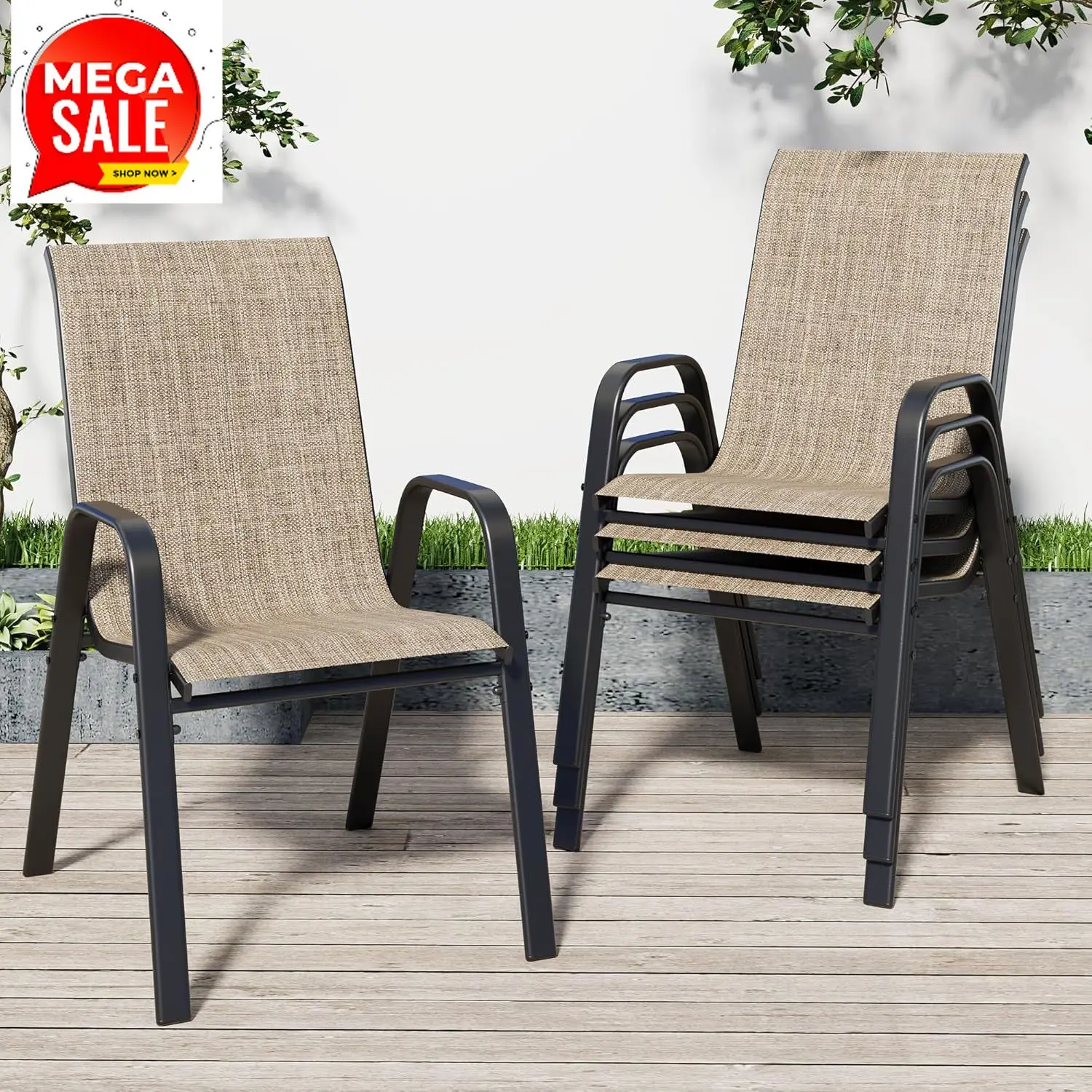 Patio Chairs Set of 4, Stackable Outdoor Dining Chairs for All Weather Textilene Fabric & Metal Frame, Outdoor Chairs Set for Ba