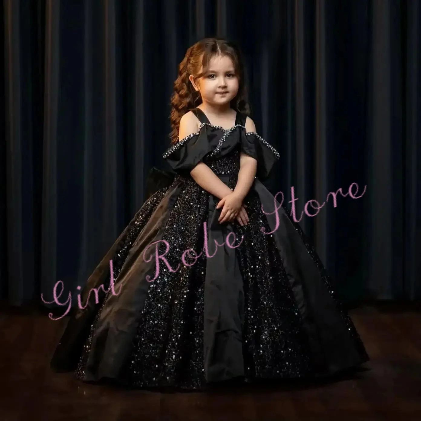 Customized Black Flower Girl Dress For Wedding Sparkly Sequins Quality Satin Off Shoulder Kids Birthday Pageant Evening Gown