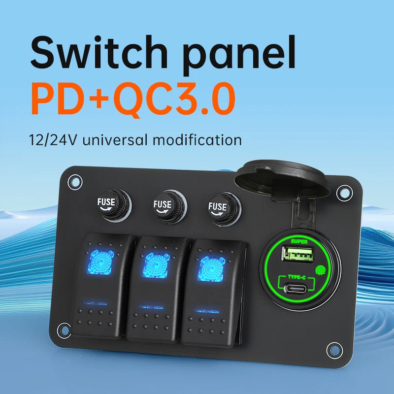 66W Type-C & QC3.0 USB Charge Power Socket Rocker Switch Panel 3 Gang Toggle 12-24V for Car Trailer Marine Boat RV Vehicle Truck