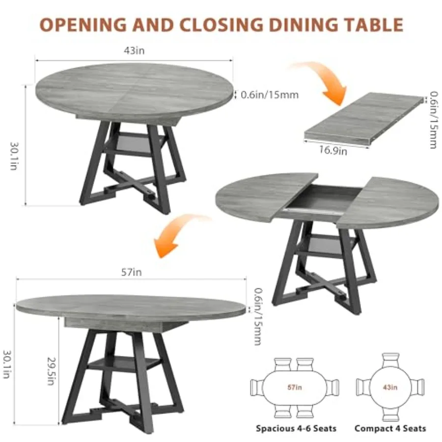 Expandable kitchen dining table for 4-6 persons, oval round shape with storage shelf and removable extension leaf