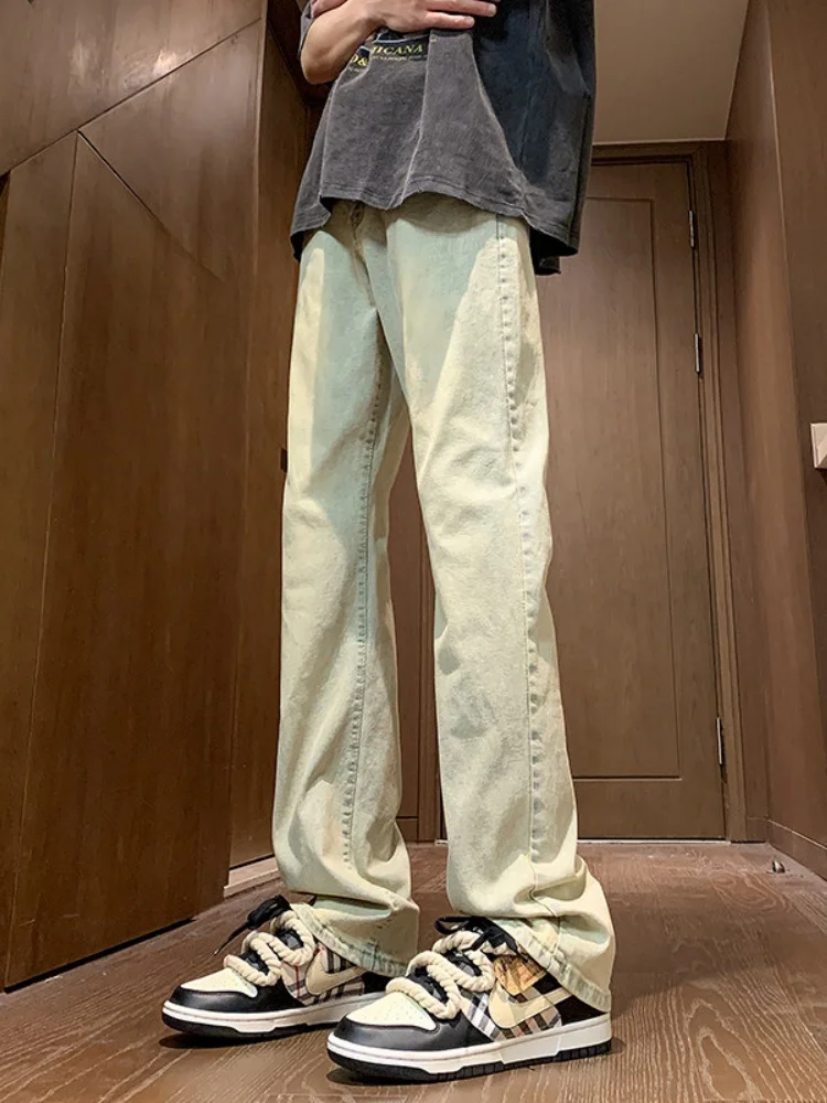 

Мужские джинсы из желтой глиняной ткани, прямого кроя, зауженные, с микро-клешем, длинные брюки, весна-осень, в американском уличном стиле, модные джинсы