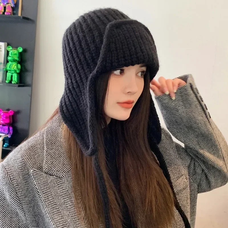 ファッション耳保護ニット帽子冬暖かい防寒フライングキャップ無地ウールかぎ針編みボンネット韓国女性ウールビーニー