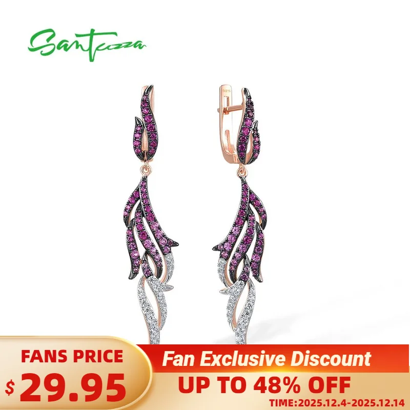 

SANTUZZA 925 Sterling Silver Dangling Earrings For Women Created Pink Sapphire/ Ruby White CZ Curly Feather Elegant Fine Jewelry