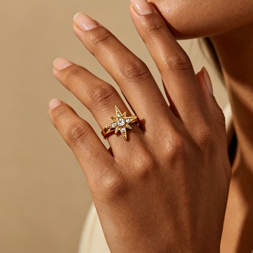 Zierliche Zirkon-Sternringe für Damen, 18K vergoldeter Edelstahl-Sternring, ästhetischer Hochzeitsschmuck, Geschenk