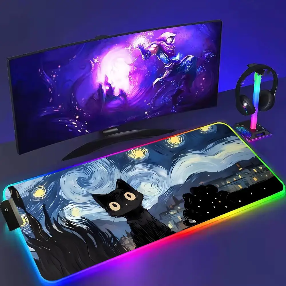 Art Cat Print RGB Large Mouse Pad, Smooth Rubber LED Desk Mat, Extra Large Gaming Mouse Mat Multiple Light Modes