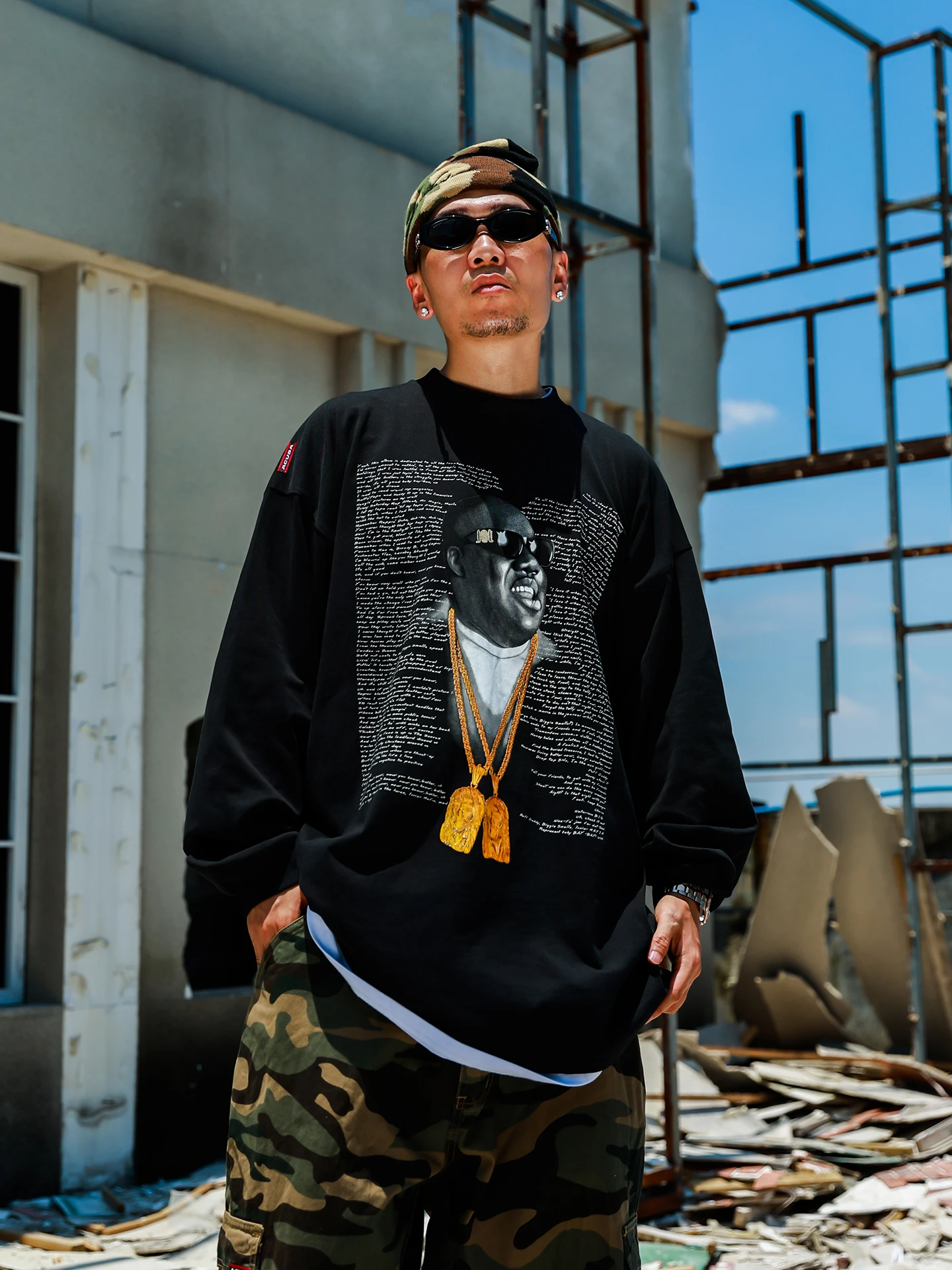 ACUSA JEANS American Hip Hop Style Long Sleeve T-Shirt Men's Autumn Biggie Portrait Double Chain Gold Printing Casual Cotton