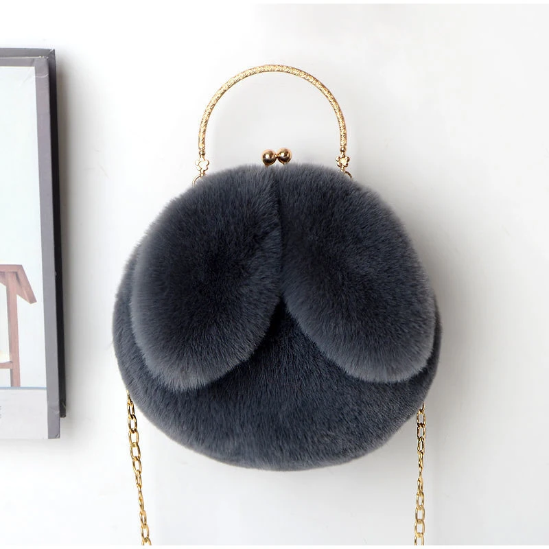 Weiche, flauschige Plüsch-Handtasche mit Henkel, niedliche Umhängetasche mit Hasenohren und Kette, warme Winter-Clutch, leichte Handytasche – Detail 13