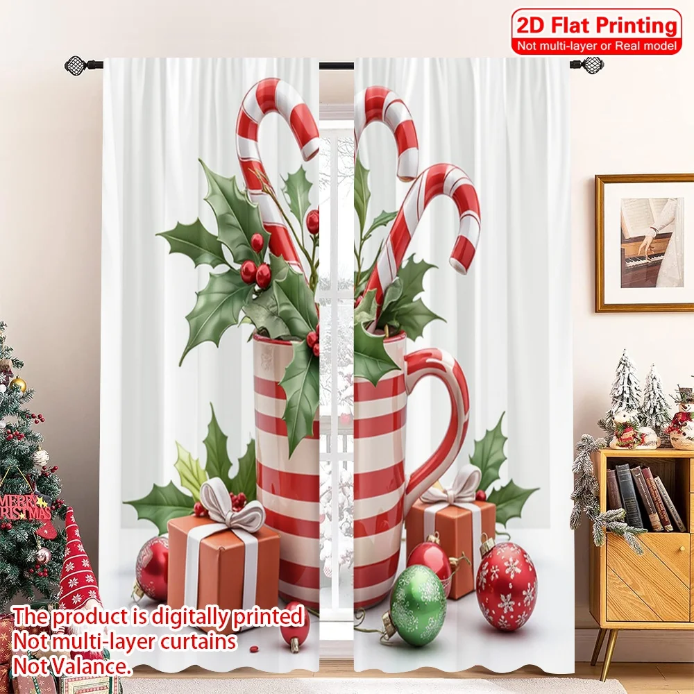 

2pcs 2D flat printing Christmas Window Curtains Christmas Cup Candy Canes Holly Polyester Fabric Without Electricity Party &