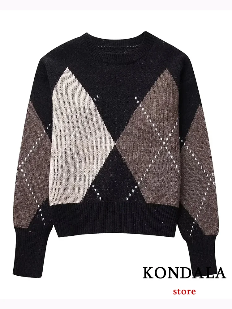 KONDALA casualowy damski sweter w kratę w stylu Vintage sweter z okrągłym dekoltem z długim rękawem luźny sweter 2024 jesienno-zimowy Top prosty