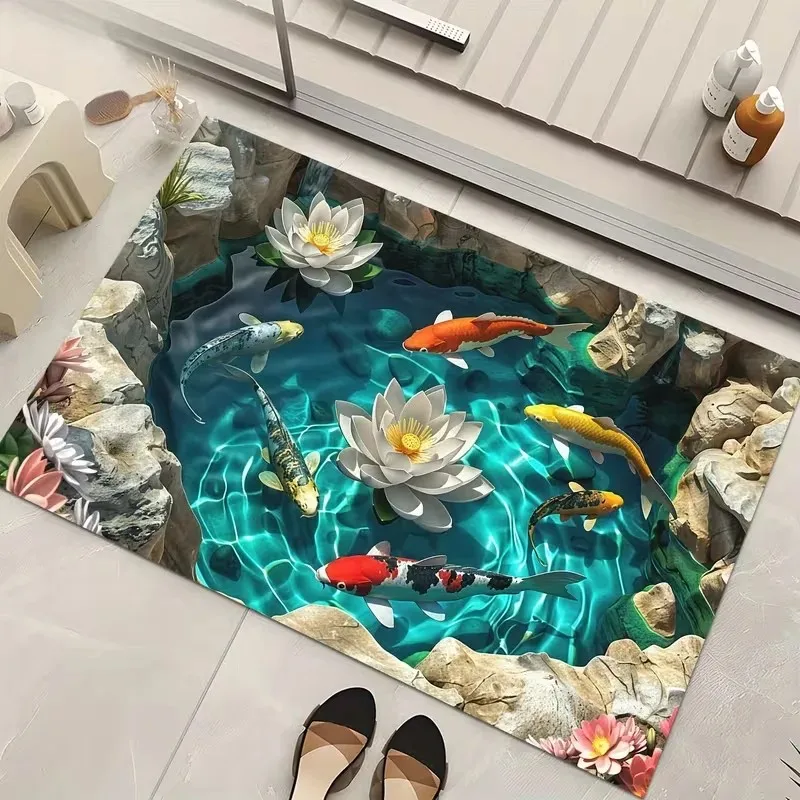 VIKAMA 3D-Fußmatte mit Koi-Teich-Motiv, echtem Fisch- und Lotus-Design, weiche und rutschfeste Bodenmatte, moderner Eingangsteppich für die Heimdekoration