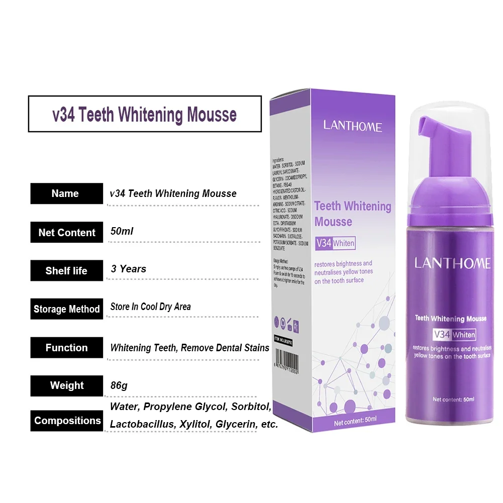 5/10Pcs V34 Purple Teeth Whitening Toothpaste Mousse Color Corrector Essence Pen Oral Care Gum Repair Tooth Stain Remove Powder