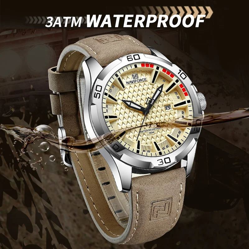 Marca Naviforce, relojes de lujo para hombre, correa de cuero, reloj de pulsera militar resistente al agua para hombre, reloj de cuarzo con fecha,