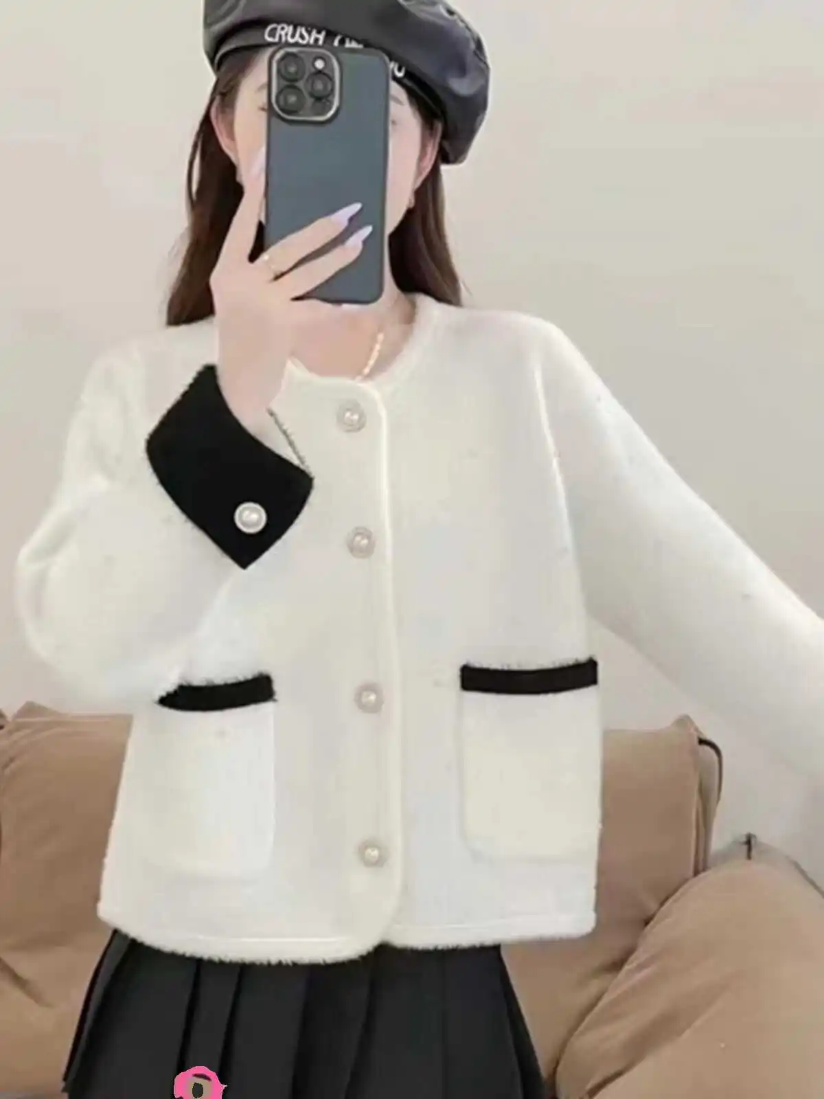 Modny kolorowy sweter z dzianiny Blo, damski płaszcz jesienno-zimowy, nowy, elegancki, zdobiony koralikami, puszysty kardigan z dzianiny Tr...