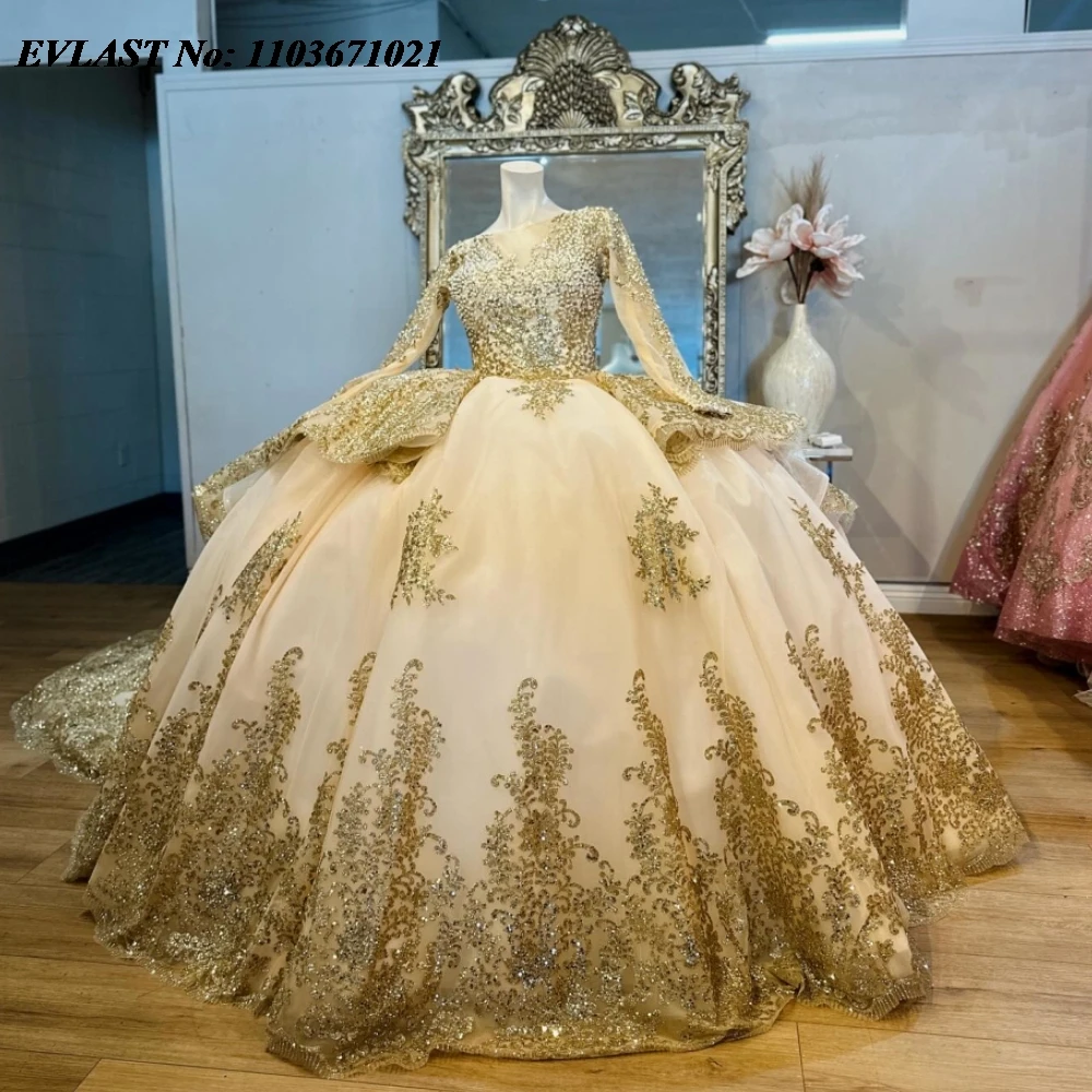 Evlast ชุดเดรสแชมเปญแวววาว quinnceanera ชุดเดรสชุดไปงานเต้นรำลูกไม้สีทองประดับลูกปัดรัดตัวแบบฉัตรหวาน16ชุดเดอ15 SQ671