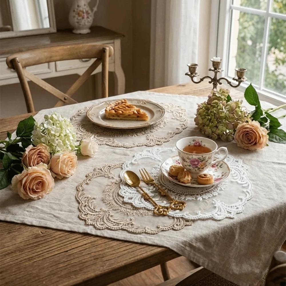 Luxury Lace Dining Table Cover White Round Embroidered Table Cloth Heat Resistant Doily Coffee Coaster Home Decor