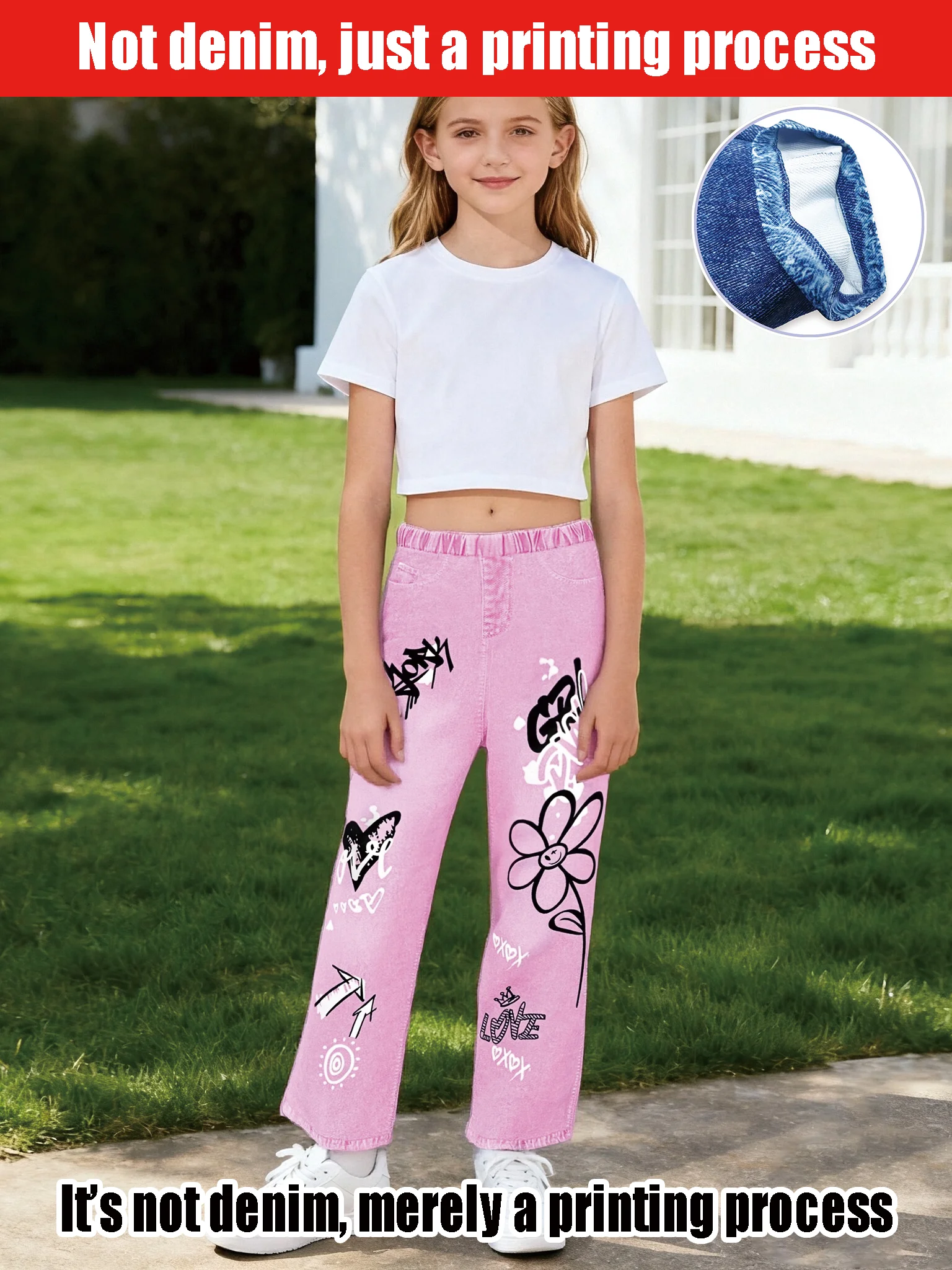 

2025 Girls Pink Graffiti Printed Wide Leg Pants - Elastic Waist Casual Fashion Flower Printed Love Imitation Denim Pants