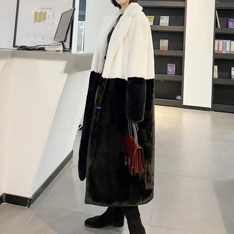 Women Faux Fur Coats Long Maxi Jackets Autumn Winter Splice Turn Down Collar Loose Open Stitch Elegant Coat Thick Outerwear