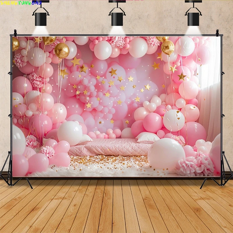 Baby Room Happy Birthday Photography Backdrops Props Newborn Party Decoration Balloons Arch Floral Theme Photo Background QQ-12