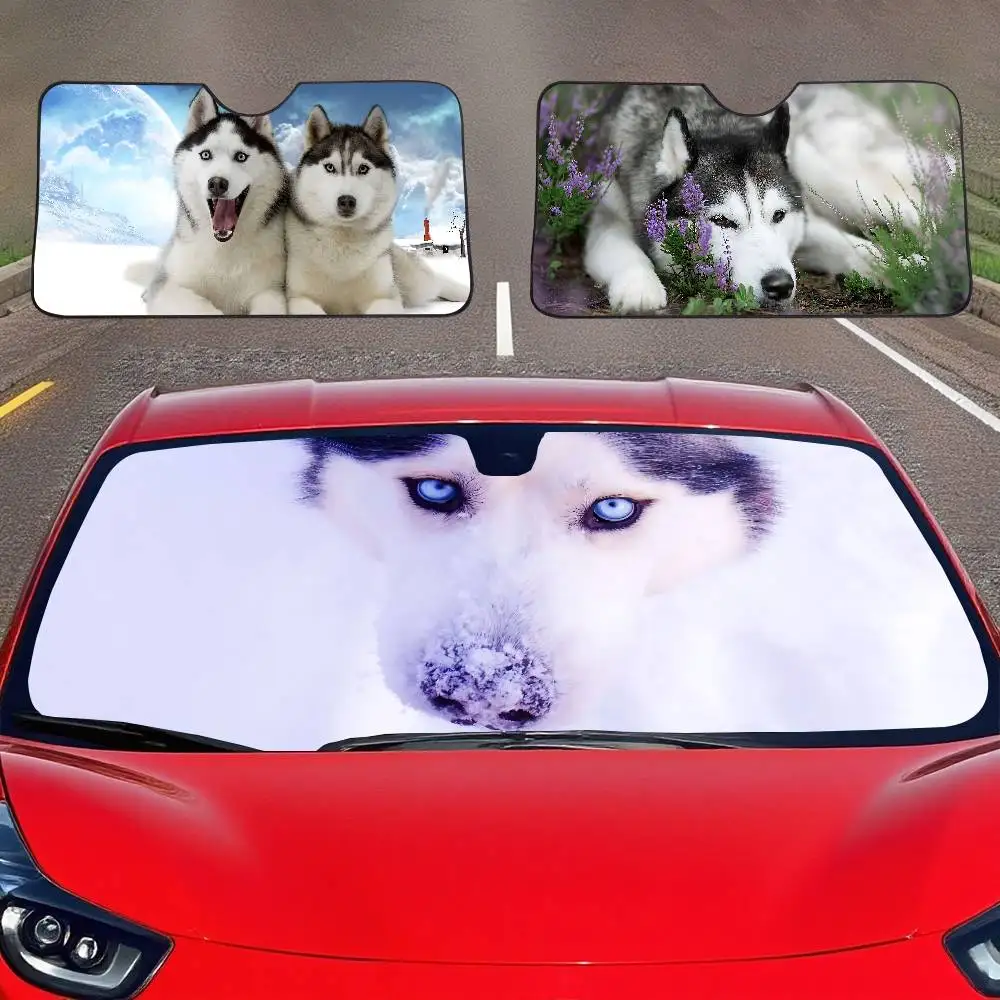 Dog Husky Funny Car SunShade Windscreen Front Window Visor 70x130cm Sun Visor Solar Protect Plaid Gift Novelty Car