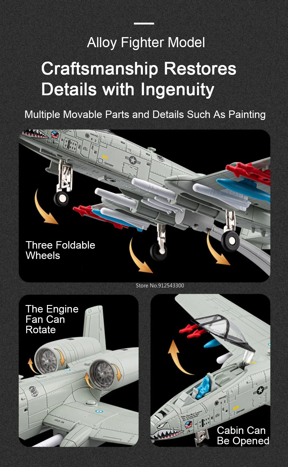 1:32 A-10 Thunderbolt II F-14 Fighter Model Toy Foldable Wheels Metal Body Airplane Sound Light Models Gifts for Children