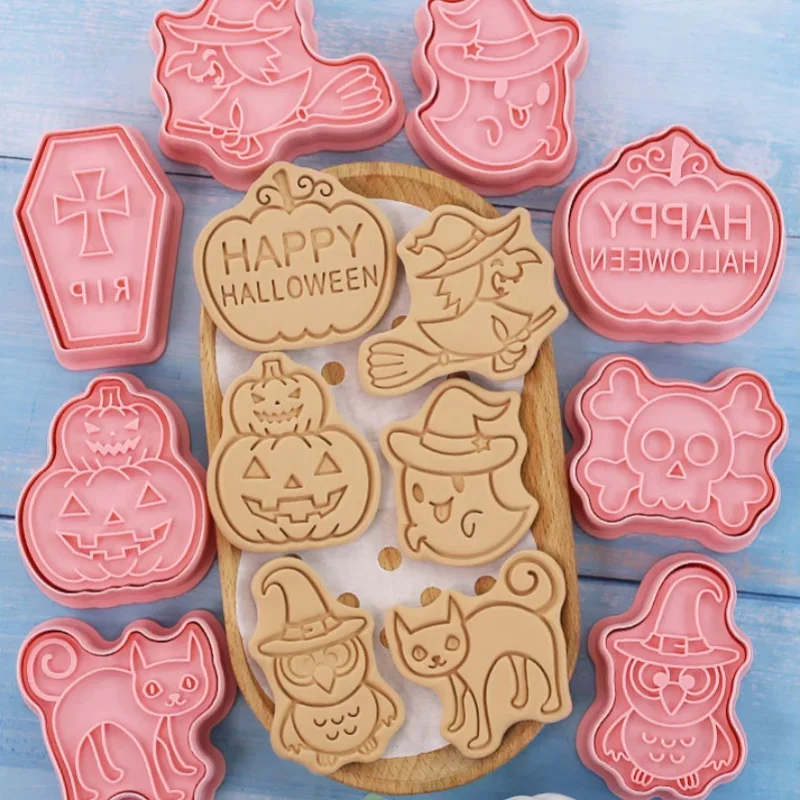 Halloween Cookies Cutters Plastic Pumpkin Cartoon Pressable Biscuit Mold Confectionery Fondant Cookie Stamp Baking Pastry Tools