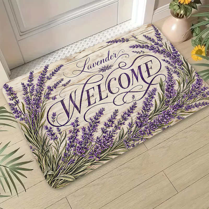 Rustic Farmhouse Welcome Doormat Lavender Floral Wreath Entry Mat Polyester Durable Home Decor Rug for Porch Front Door Step Dec