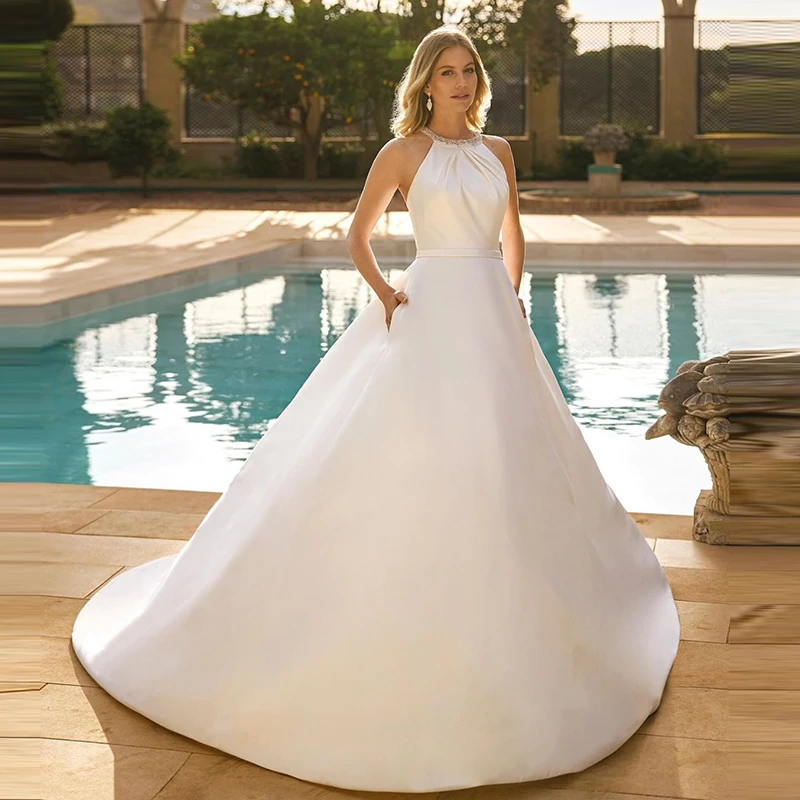 Robe de mariée en satin organza avec dentelle brodée, robe de RhA-Line, manches longues, robe de mariée à col rond, simplicité