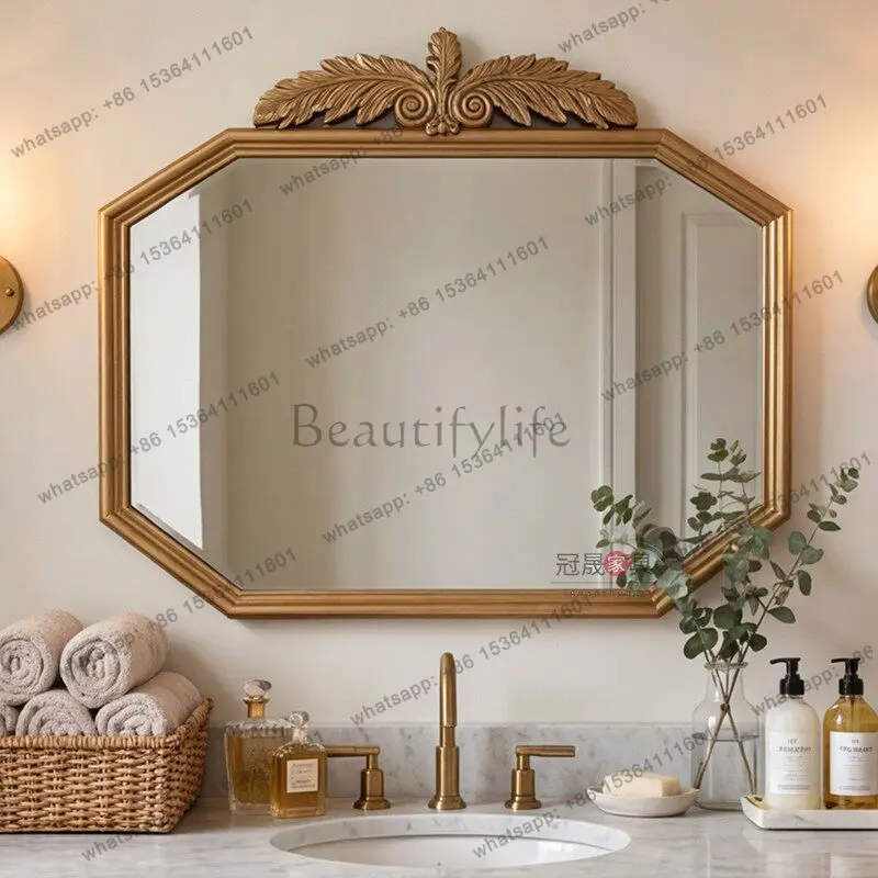 European retro premium vanity mirror wall-mounted living room entrance octagonal carved border vanity mirror 6