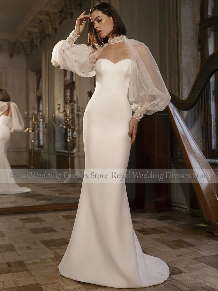 Simple Mermaid Wedding Dress with Wraps Sweetheart Ivory Satin Wedding Gown for Bride Trumpet Backless Elegant Bridal Dresses