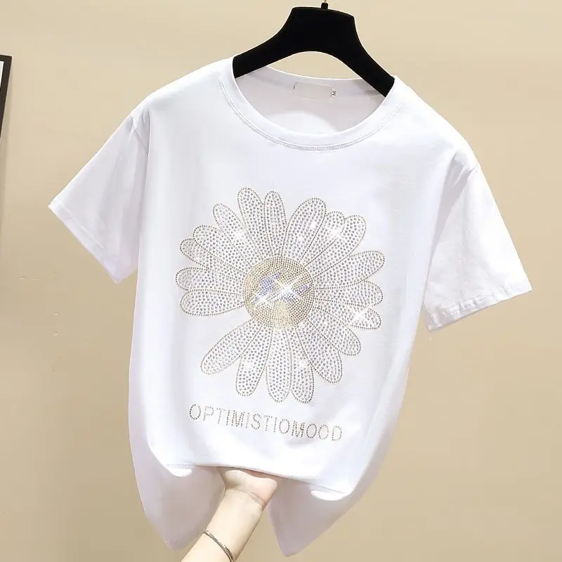 New Fashion Ins Hot Rhinestone Loose T-shirt Women 2023 Summer Small Daisy Short Sleeve Sun Flower Cotton Tshirt Top