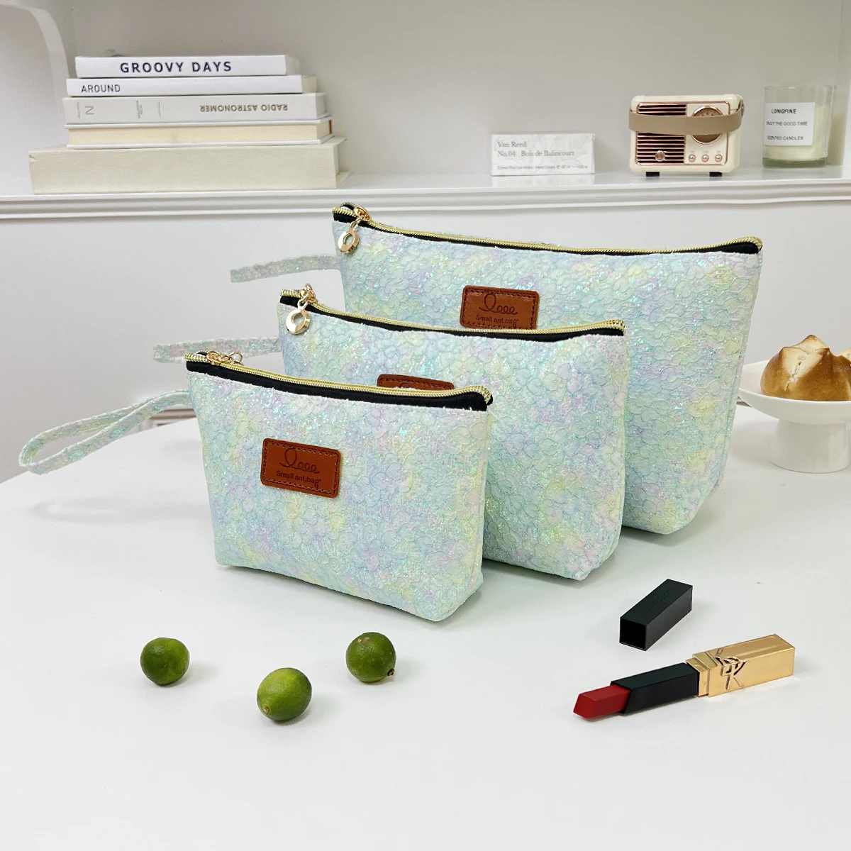

Fashionable waterproof PU lace cosmetic bag Large capacity portable storage bag Dopamine Women's Makeup Bag Wallet