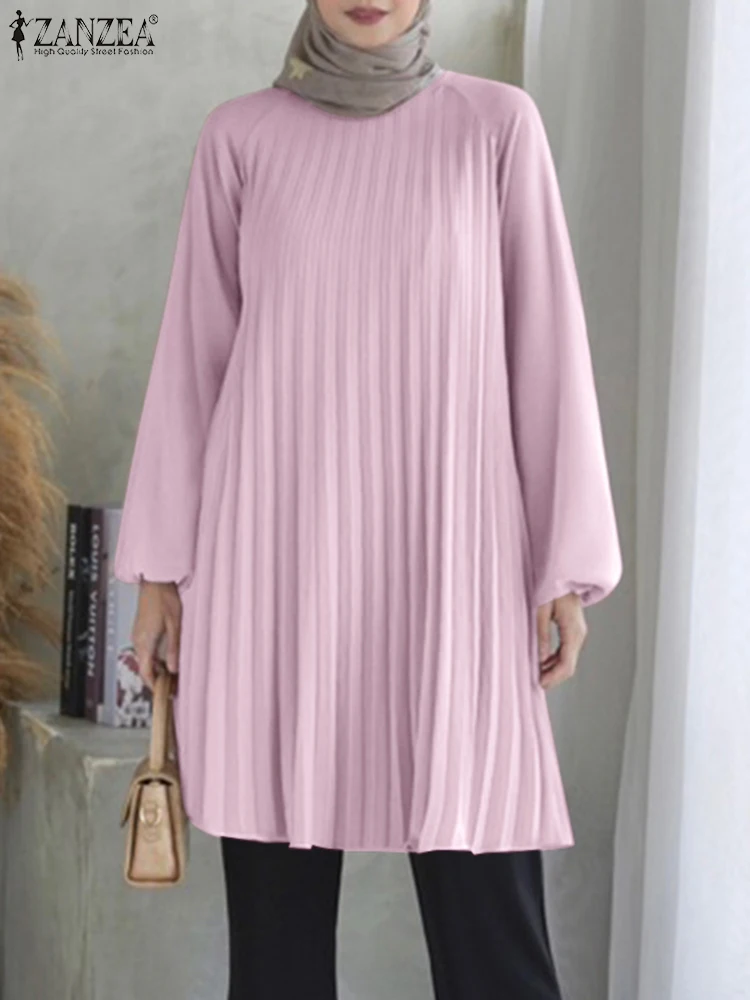 ZANZEA Vrouwen Moslim Mode Geplooide Blouses Islamitische Hijab O Hals Raglanmouwen Solid Lange Tops 2024 Fall Casual Abaya Blusas