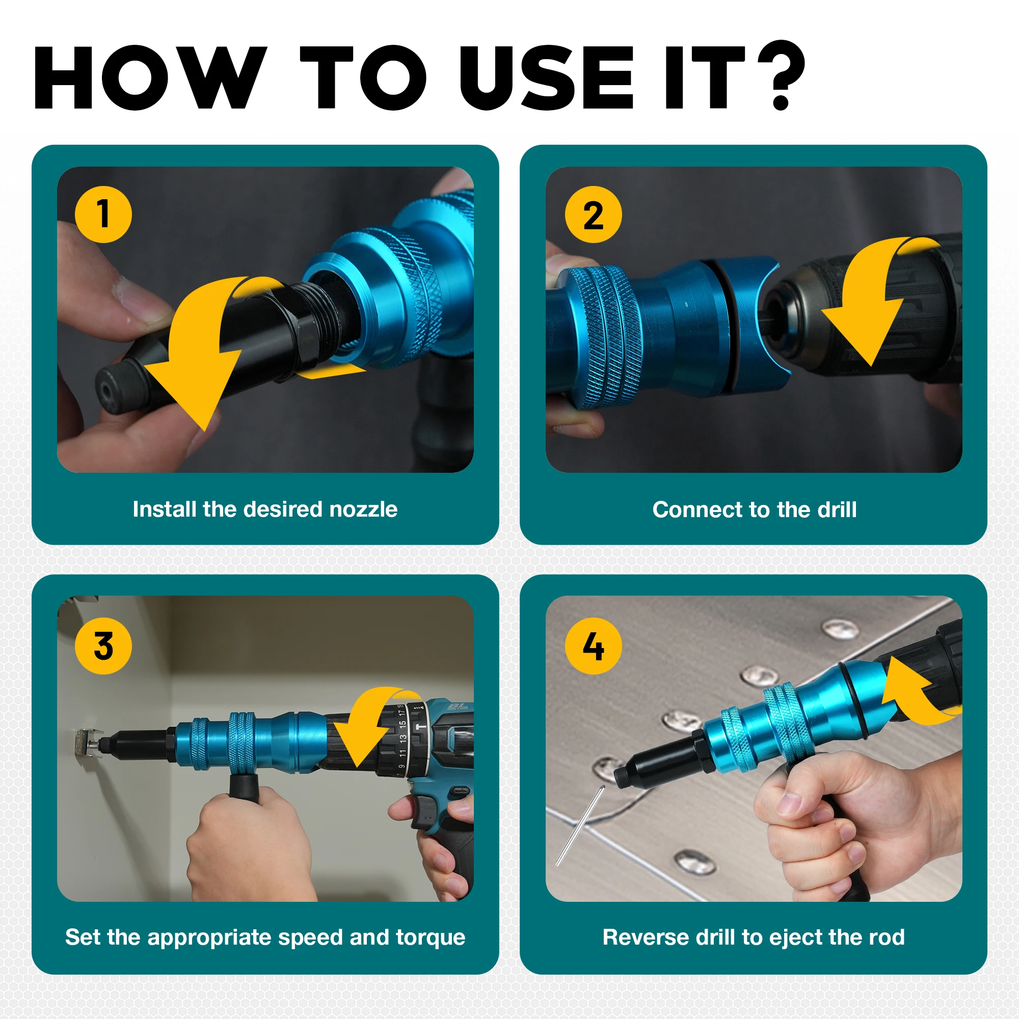 อะแดปเตอร์ปืนยิงรีเวท อุปกรณ์ยึดรีเวทสำหรับสว่านไฟฟ้าและสว่านไฟฟ้าไร้สาย ใช้งานง่ายสำหรับรีเวทแบบป๊อป