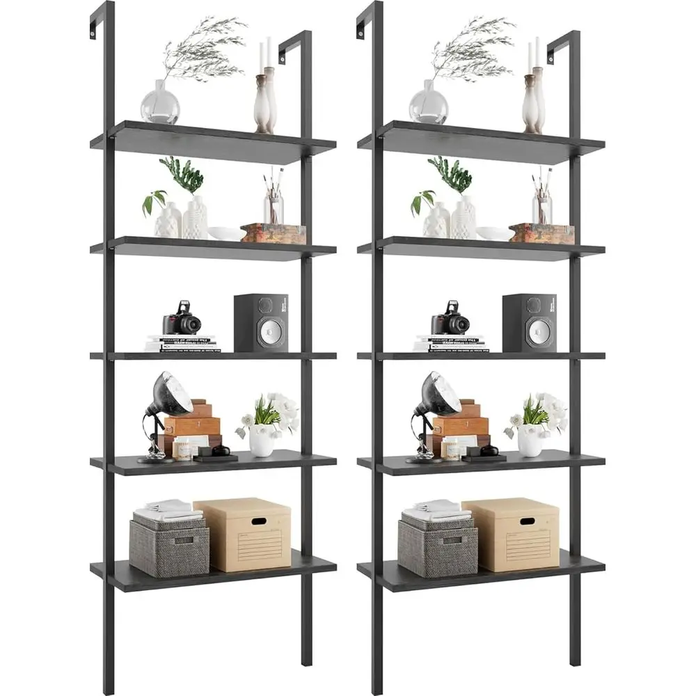 

2-Piece Black Industrial Ladder Bookcase with Wooden Shelves for Home or Office Storage
