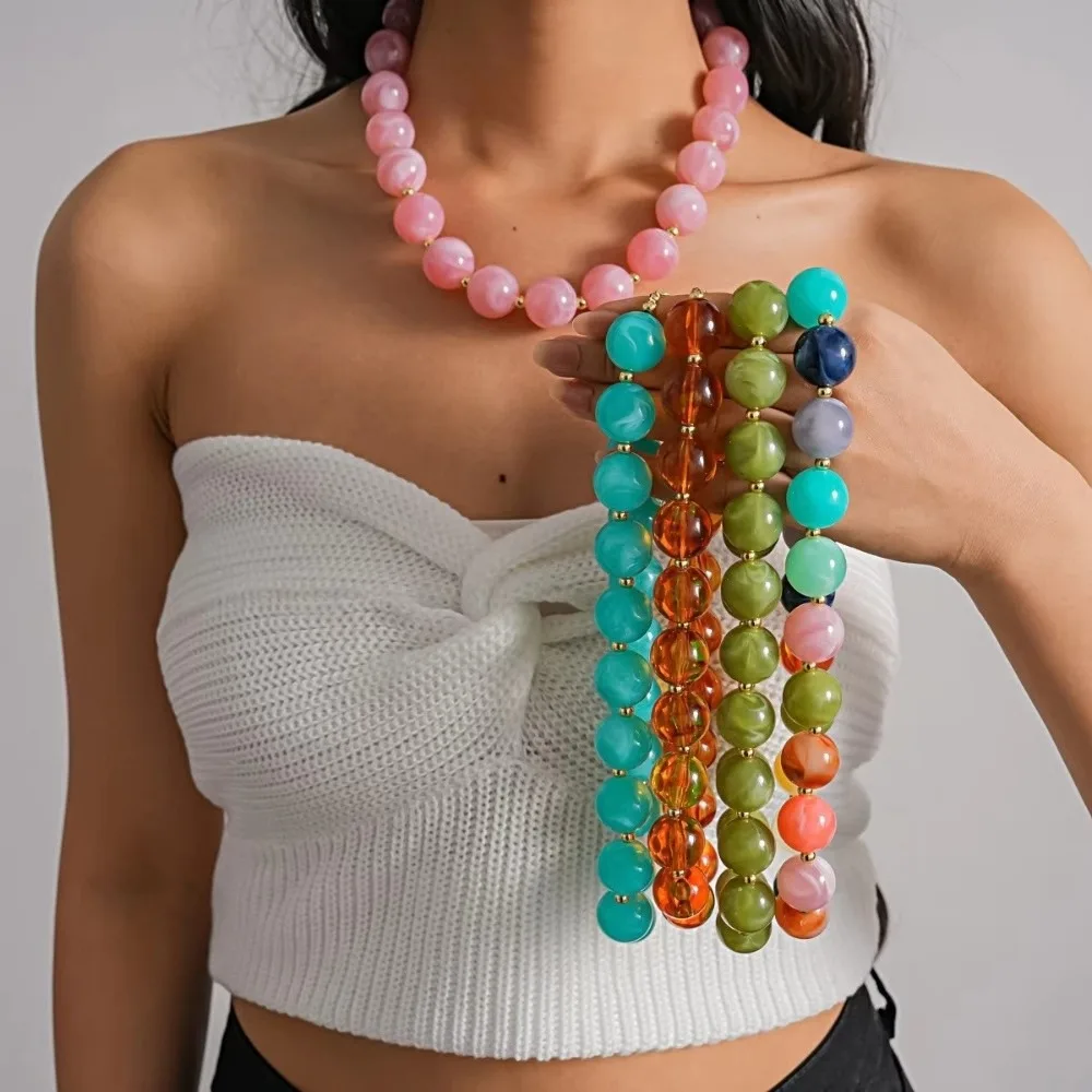 Bohemian Style Acrylic Beaded Necklace Multi-color Round Beaded Resin Choker Necklace Elastic Closure Chunky Design