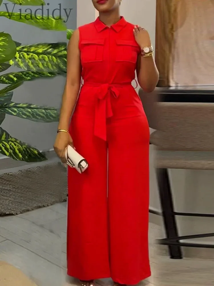 

Женский повседневный комбинезон-ромпер однотонного цвета с отложным воротником, без рукавов, с декоративными карманами, широкими штанинами и поясом