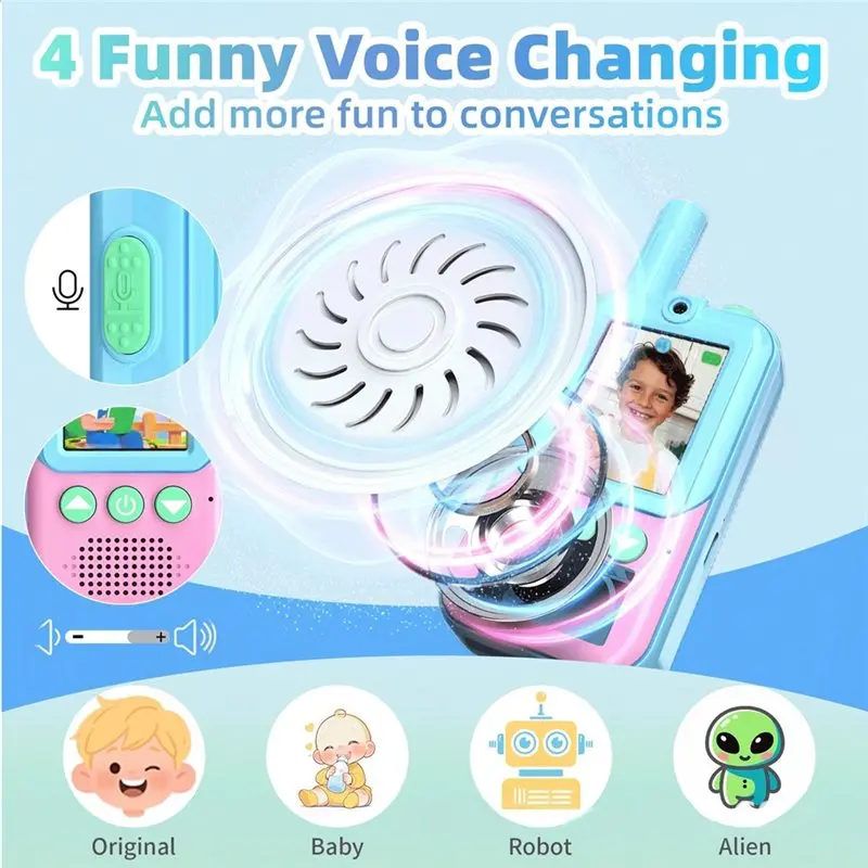 ABZW For Kids,Rechargeable Walkie Talkies 2-Pack With HD Camera, 4 Voice Changer For Outdoor Adventures For Camping Hiking Video
