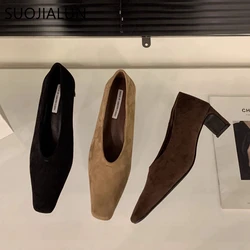 SUOJIALUN 2024 New Brand Women Pumps Shoes Fashion Shallow Slip On Ladies Elegant Boat Shoes Square High Heel Dress Pumps Shoes