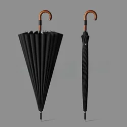 Long Handle Umbrella 24-Bone Solid Wood Handle Sturdy Wind Resistant Reinforcement Rainstorm Umbrella Large Automatic Umbrellas