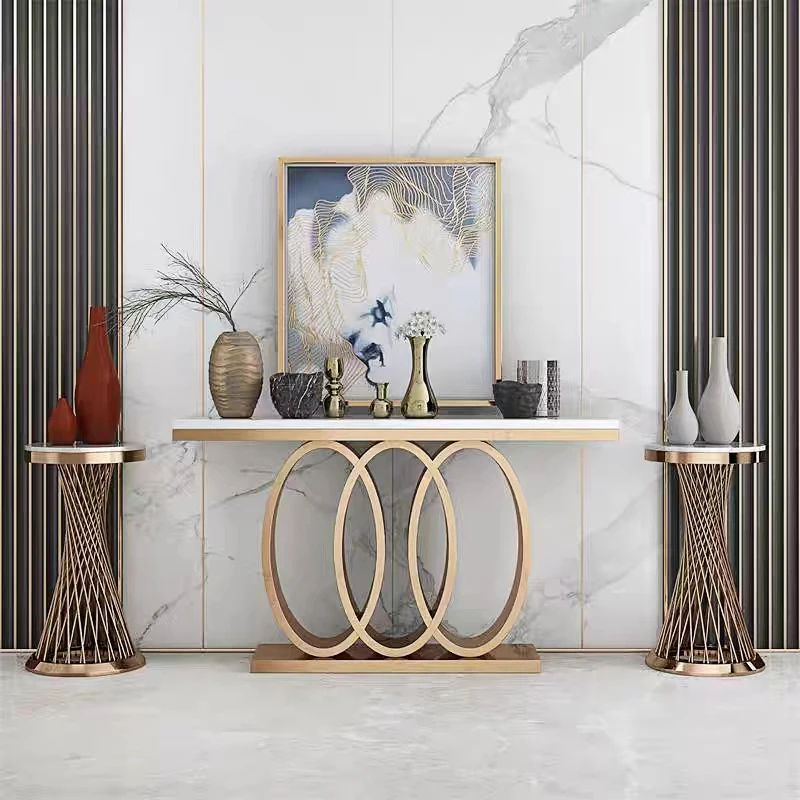 

High Quality Marble Top Black Gold Metal Base Console Table Decorative Long Hallway Simple Console Table