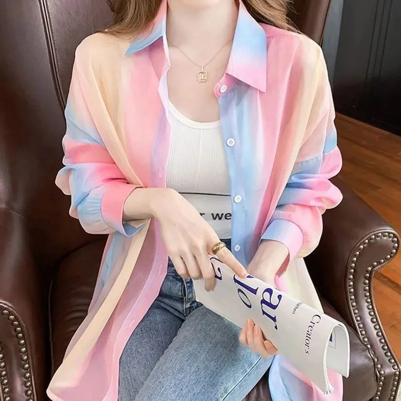 Summer New Thin Long Sleeve Tie Dye Loose Cardigan Polo Neck All-match Youth Trend Shirt Tops Fashion Korean Women Clothing