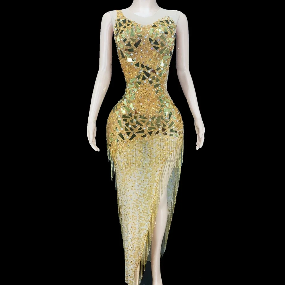 Sparkly Gold Mirror strass frange abito lungo senza maniche donna festeggia abito da sera compleanno Sexy Split Party Outfit