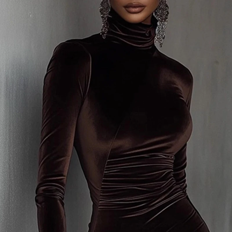 가을 터틀넥 패치워크 레이스 벨벳 드레스 여성 캐주얼 솔리드 슬림 바디콘 힙 드레스 겨울 긴팔 불규칙 미니 드레스