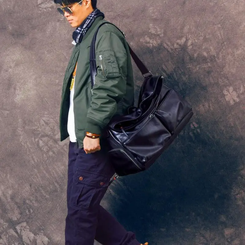 casual designer handmade genuine leather men's travel bag outdoor sports luxury soft cow leather black big luggage fitness bag