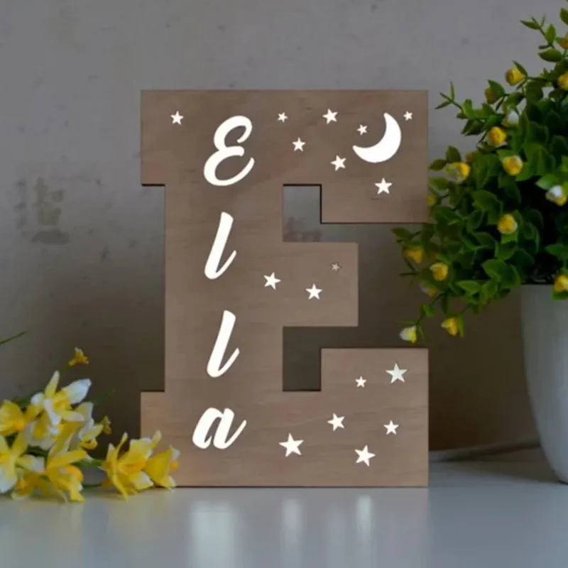 Wooden LED Letters Decorative Warm Lights, USB Connector, English Letters, Cartoon Animal, Cat, Custom Name Height, 19 cm, 29cm