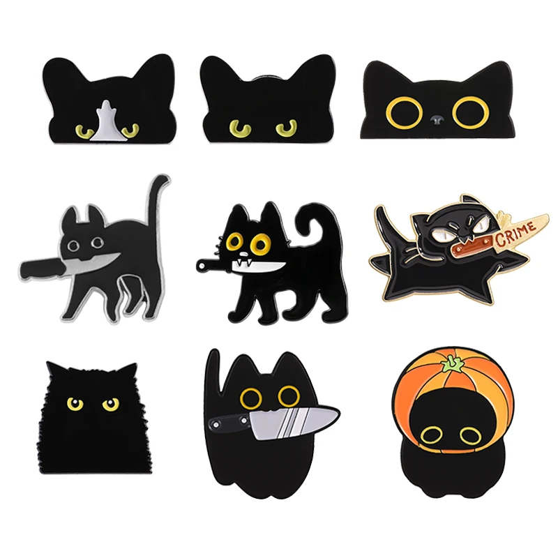 Schwarze Katze mit Messer Kriminalitäts-Abzeichen Emaille-Pin Gruselig Niedliche Schwarze Katze mit Messer Legierungs-Brosche Taschen-Revers-Abzeichen Lustige Schmuckgeschenke