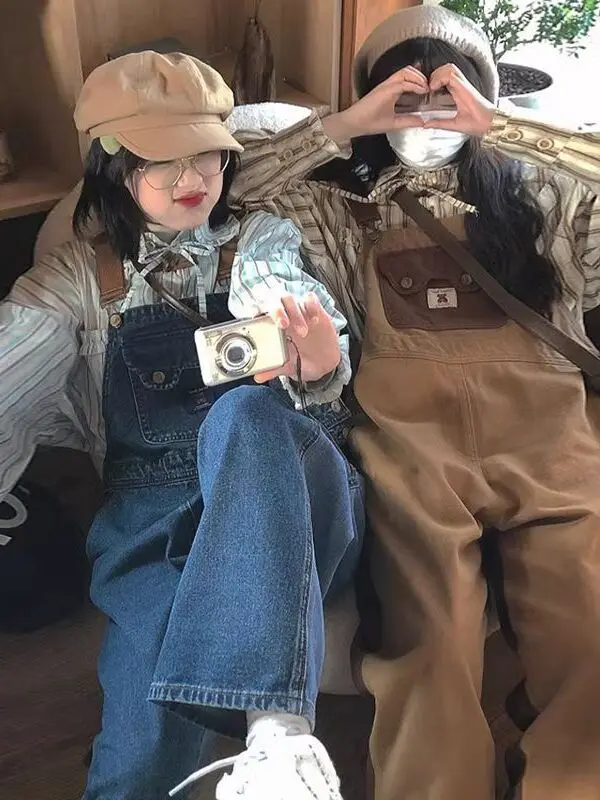 

Slimming Two-Way Wear Heart aped Denim Overalls for Women Spring Autumn Faionable Large Size Two Tone Belted Pants