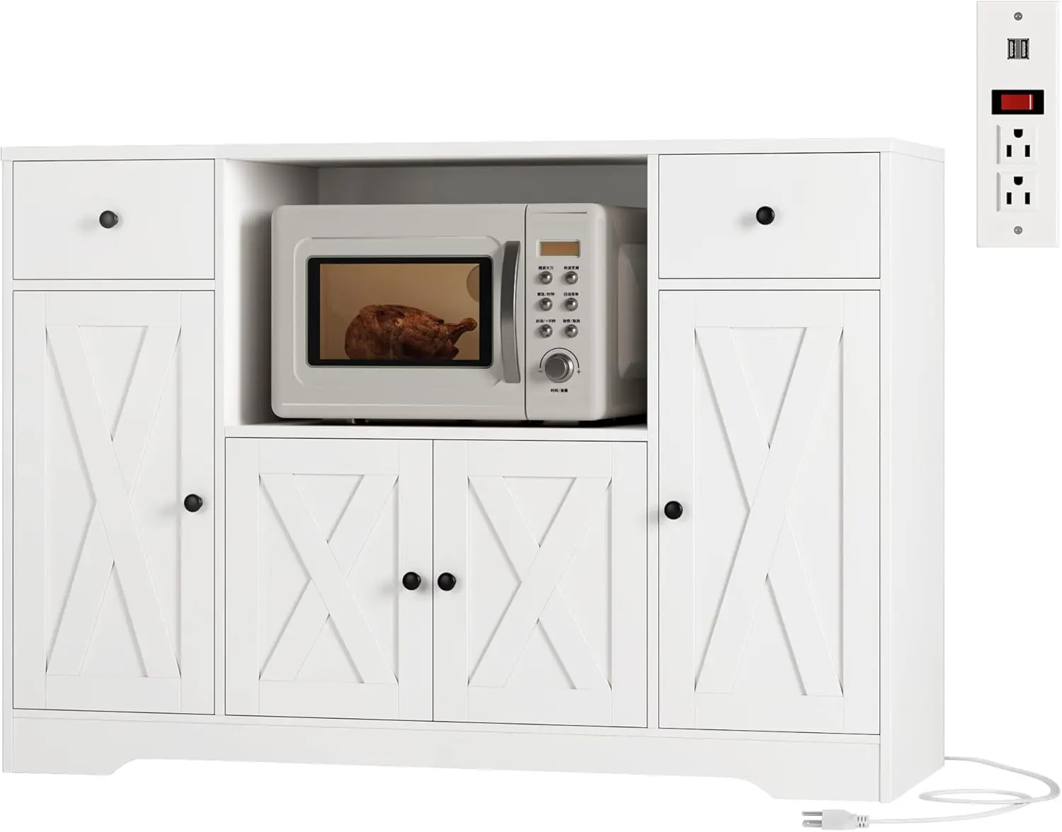 Armoire à micro-ondes 47' avec station de recharge, buffet de cuisine blanc avec tiroirs et étagères