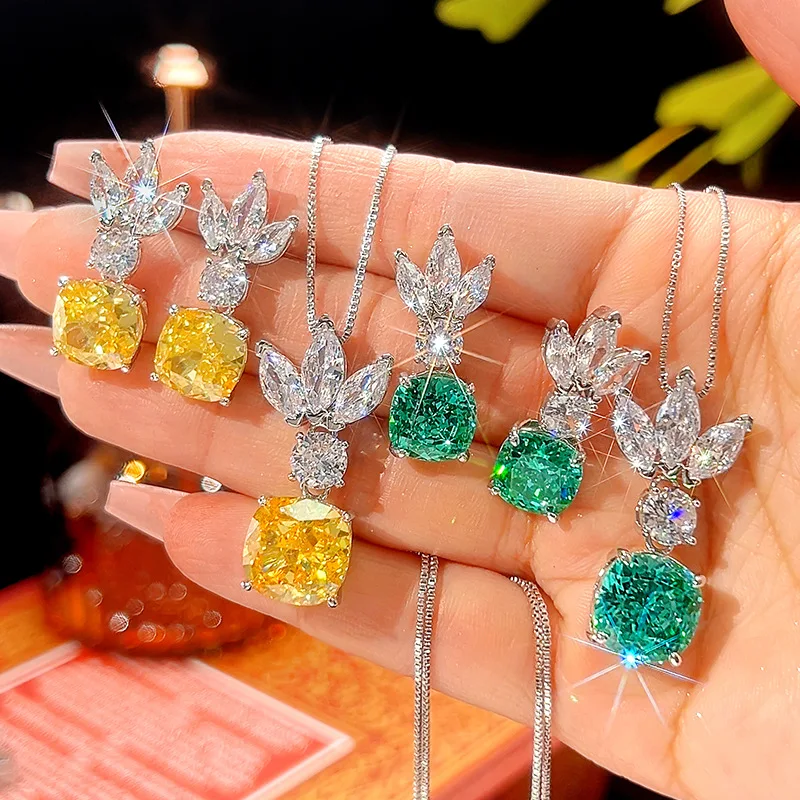 

Luxury 12mm Cushion Cut Green Yellow CZ Necklace Earring Sparkling Marquise Flower Cluster Jewelry for Women Wedding Party Gift